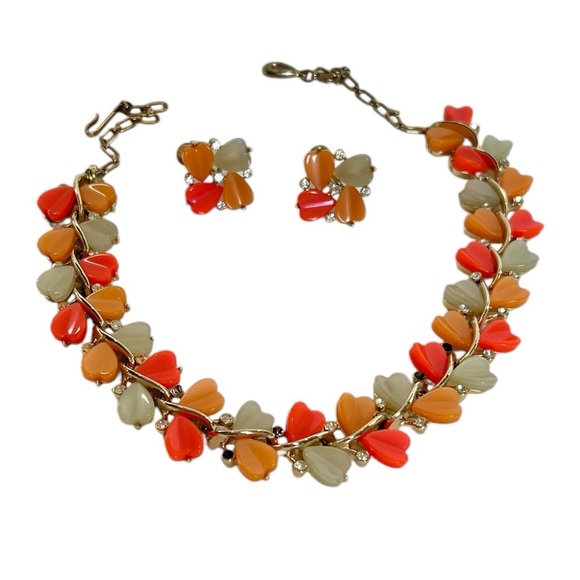 Vintage Lisner Choker Necklace & Clip On Earrings Set Orange Green Leaves MCM